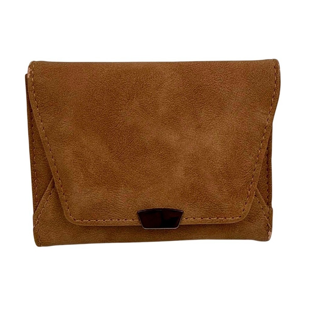 Tan Faux Suede Compact Bifold Wallet Snap Closure Tan Camel Card Holder